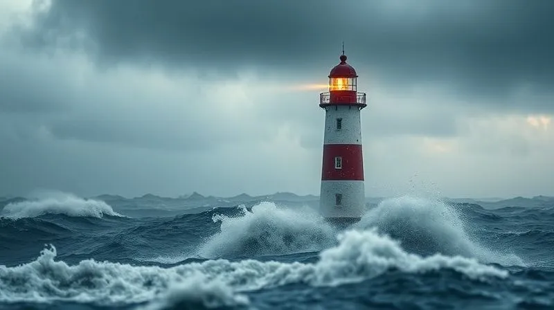 A photorealistic, professional photography of a lone lighthouse standing firm against a stormy, trendy sea, symbolizing enduring brand identity amidst fleeting design trends. Dramatic cinematic lighting, sharp focus on the lighthouse, depth of field blurring the turbulent waters, 8K hyper-detailed, high-end DSLR shot.