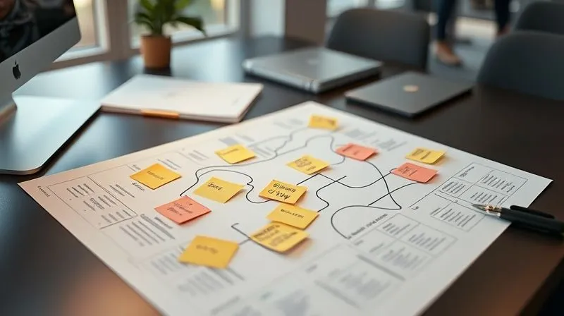 Photorealistic, professional photography of a detailed user journey map laid out on a modern desk, with sticky notes and flow lines, sharp focus on key interaction points, cinematic lighting, 8K, depth of field.