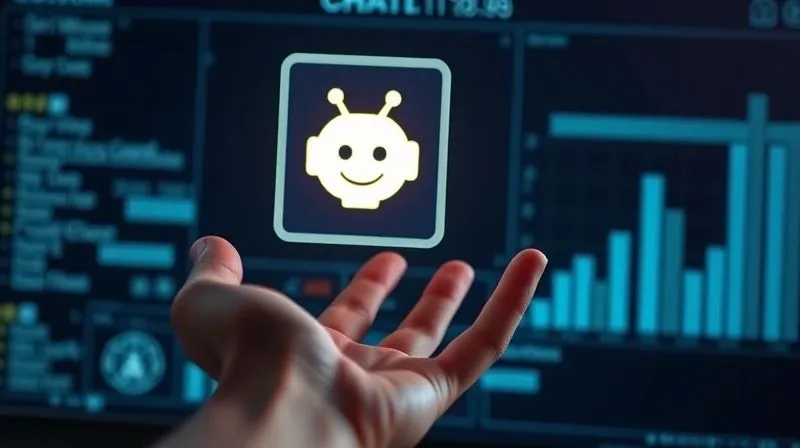 Photorealistic, professional photography of a friendly chatbot icon glowing on a screen, with a human hand reaching out towards it, symbolizing support and guidance. Cinematic lighting, sharp focus, 8K, depth of field.