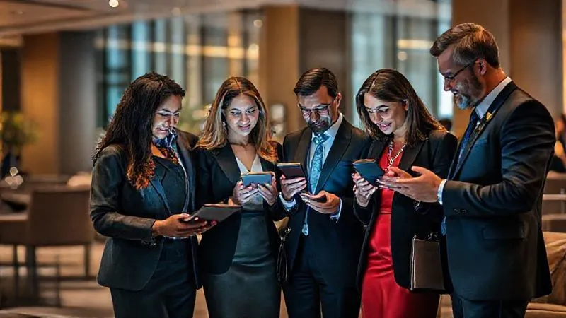A photorealistic, professional photography image of a diverse group of affluent individuals, dressed elegantly, interacting with digital tablets and smartphones in a sophisticated, modern lounge setting. They are looking at architectural designs and discussing. 8K, cinematic lighting, sharp focus on their faces and devices, depth of field blurring the background, shot on a high-end DSLR.