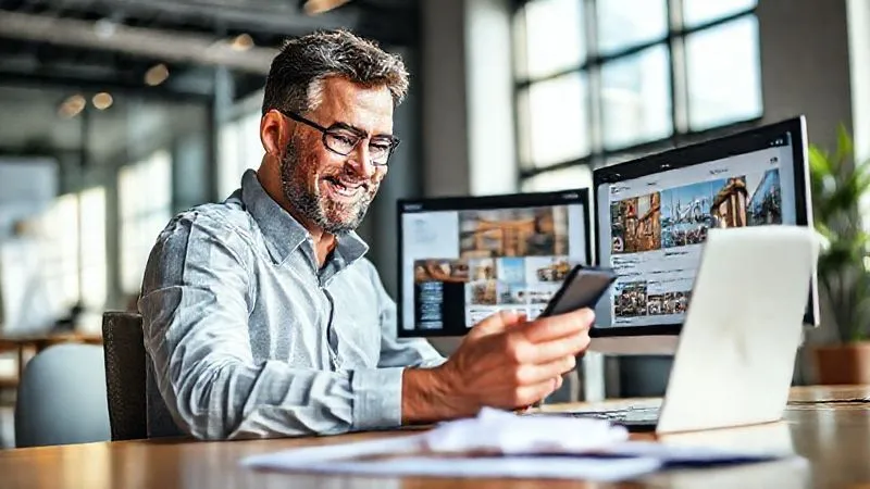 A photorealistic image of a professional architect using a laptop and smartphone, showcasing a beautifully designed Instagram feed and LinkedIn profile with architectural projects. The architect is smiling, engaging with the digital content in a modern, well-lit office. 8K, cinematic lighting, sharp focus on the screens and architect, depth of field blurring the background, shot on a high-end DSLR.