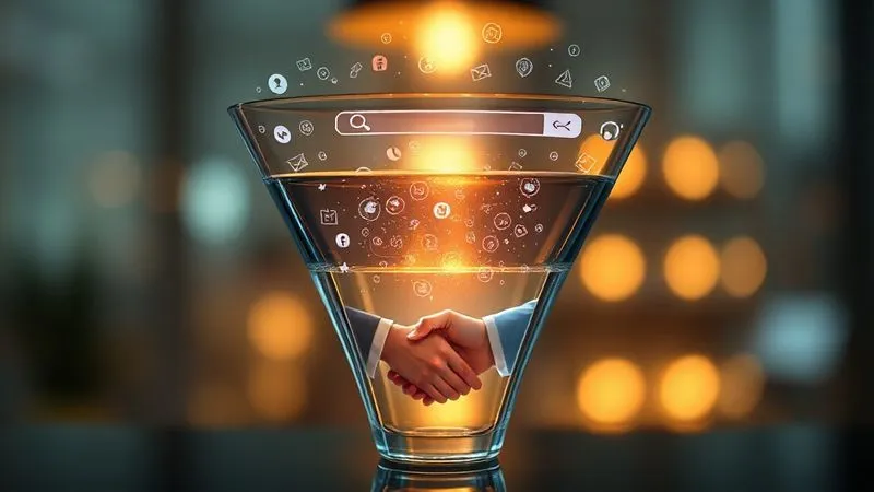 A photorealistic, elegant visualization of a marketing and sales funnel, transitioning from a wide top (awareness) with diverse digital channels (social media icons, search bar) to a narrower bottom (conversion) with a handshake and a contract. The funnel is made of glass, with subtle light effects, symbolizing transparency and flow. 8K, cinematic lighting, sharp focus, depth of field blurring the background, shot on a high-end DSLR.