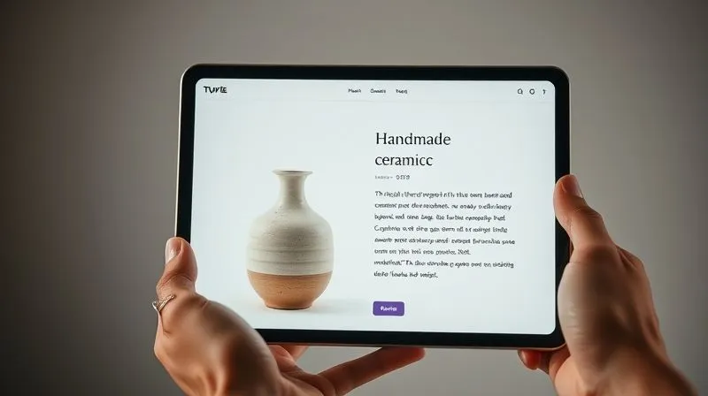 Photorealistic, professional photography, 8K, cinematic lighting, sharp focus, depth of field, shot on a high-end DSLR. A clean, minimalist e-commerce product page for handmade ceramics, showcasing a beautifully lit ceramic vase from multiple angles, with a compelling product description visible, rendered on a modern tablet screen held by an elegant hand.