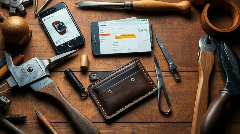 Photorealistic, professional photography, 8K, cinematic lighting, sharp focus, depth of field, shot on a high-end DSLR. A creative flat lay of artisan tools, a finished handmade product (e.g., a leather wallet), a smartphone displaying Instagram with a post about the product, and a laptop showing Google Analytics, symbolizing digital marketing for handmade goods.