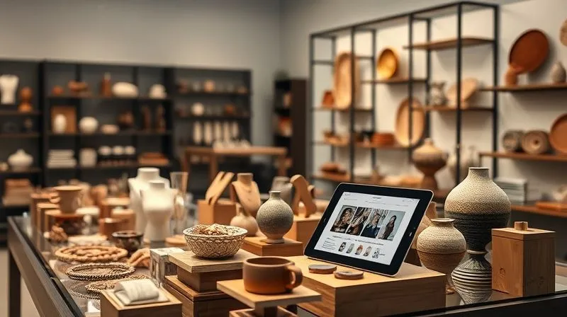 Photorealistic, professional photography, 8K, cinematic lighting, sharp focus, depth of field, shot on a high-end DSLR. An elegant display of various handmade products (jewelry, ceramics, textiles) in a modern concept store, with a subtle digital overlay showing an e-commerce website on a tablet, symbolizing multichannel sales for artisans.