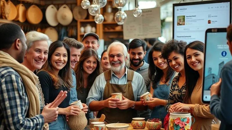 Photorealistic, professional photography, 8K, cinematic lighting, sharp focus, depth of field, shot on a high-end DSLR. A diverse group of smiling people, some holding unique handmade items, gathered around an artisan at a lively market stall, with digital elements subtly integrated into the background (e.g., social media icons, product reviews on a screen), symbolizing a strong, loyal community around a handmade brand.