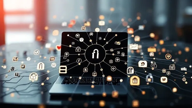 A photorealistic image of a diverse group of professional icons (laptop, social media logos, website cursor) forming a cohesive network, radiating light. Cinematic lighting, sharp focus on the central network, depth of field, 8K hyper-detailed, professional photography.
