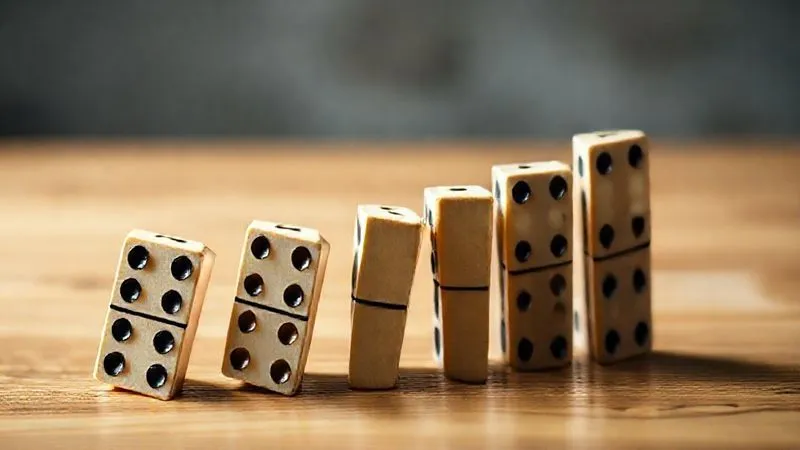 A photorealistic image of a series of dominoes falling perfectly, each one triggering the next, symbolizing the seamless growth and scaling of a business through client retention and referrals. Cinematic lighting, sharp focus on the dominoes, depth of field, 8K hyper-detailed, professional photography.