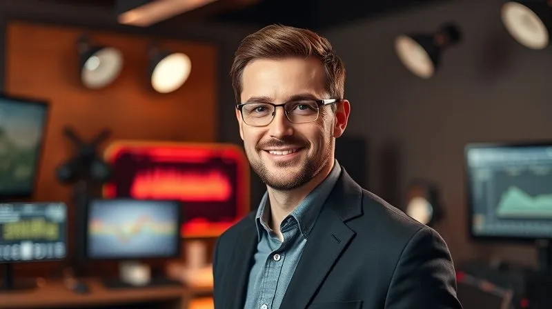 A photorealistic image of a confident, professional video editor, dressed smartly, standing in front of a subtly branded studio, looking directly at the viewer with an assured smile. Cinematic lighting highlights their face, with a blurred background suggesting high-tech equipment. The image conveys expertise, trustworthiness, and a premium service provider. 8K hyper-detailed.