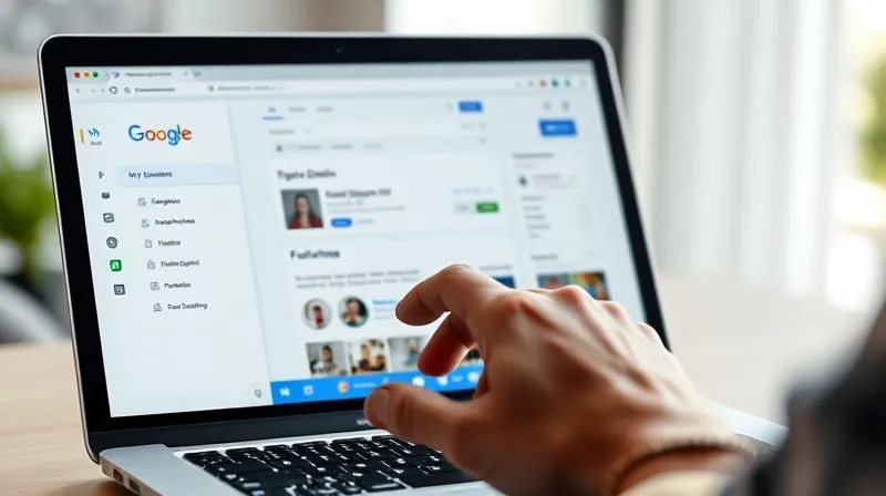 A photorealistic, professional photography shot of a laptop screen displaying a Google My Business profile management interface, with a hand holding a mouse, focused on editing business information. The screen shows categories, contact details, and a section for photos. Cinematic lighting, sharp focus, depth of field, 8K hyper-detailed.