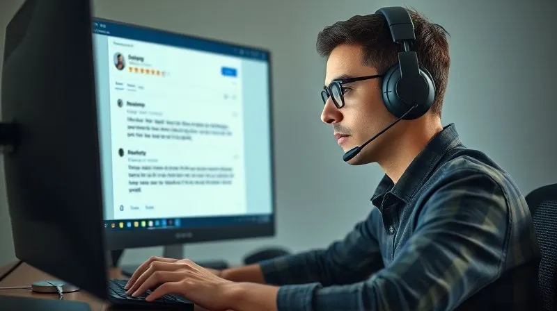 A photorealistic, professional photography image of a calm, professional customer service representative wearing a headset, intently typing a response on a computer screen. The screen shows a Google review interface with a negative review being addressed. Cinematic lighting, sharp focus on the representative's face and screen, depth of field, 8K hyper-detailed.
