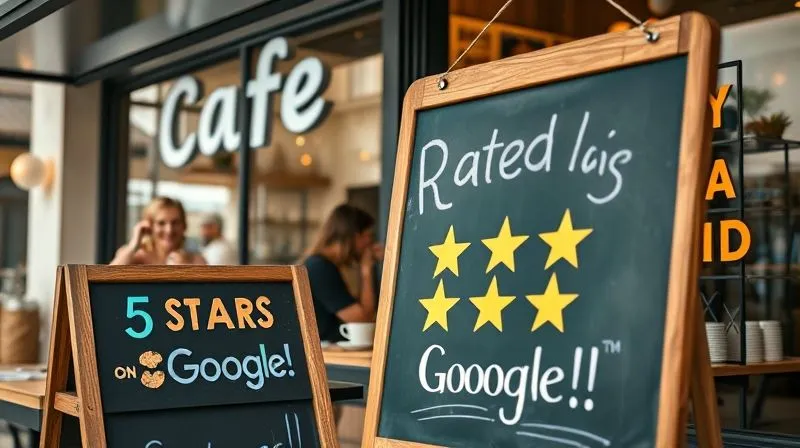 A photorealistic, professional photography shot of a vibrant local cafe with a chalkboard sign outside proudly displaying "Rated 5 Stars on Google!" with a stylized star icon. Happy customers are visible inside, enjoying coffee and pastries. Cinematic lighting, sharp focus on the sign and cafe entrance, depth of field, 8K hyper-detailed.