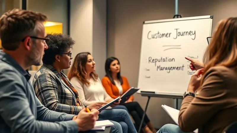 A photorealistic, professional photography shot of a diverse group of small business owners attending a workshop, actively taking notes and discussing strategies for customer feedback. A facilitator points to a whiteboard with 'Customer Journey' and 'Reputation Management' written on it. Cinematic lighting, sharp focus on the group, depth of field, 8K hyper-detailed.