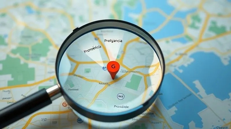 A photorealistic image of a magnifying glass hovering over a Google Maps interface, with three distinct pillars of light emerging from the map, labeled "Proeminência", "Relevância", "Proximidade". Cinematic lighting, sharp focus, 8K hyper-detailed.