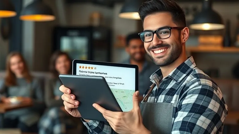 A photorealistic, professional photography image of a small business owner smiling, holding a tablet displaying positive customer reviews on Google Maps. Customers are visible in the background, looking satisfied. Cinematic lighting, sharp focus on the tablet and owner, 8K hyper-detailed.