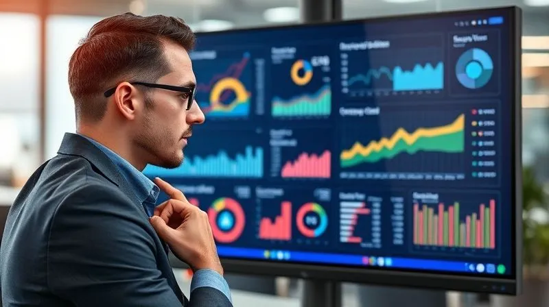 A photorealistic, professional photography image of a business person analyzing a complex dashboard on a large monitor, displaying various SEO local metrics (maps views, clicks, calls). The person is focused, with a thoughtful expression. Cinematic lighting, sharp focus on the screen, depth of field blurring the office background, 8K hyper-detailed.