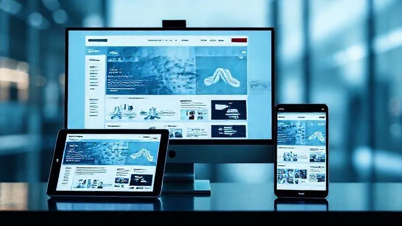 A photorealistic image of a sleek, modern tech portal interface displayed across multiple devices: a large desktop monitor, a tablet, and a smartphone. The content is perfectly responsive on each screen, showing clear navigation, readable text, and crisp images. Cinematic lighting highlights the seamless user experience, sharp focus on the consistency of the UI, depth of field blurring a minimalist background, 8K hyper-detailed, shot on a high-end DSLR.