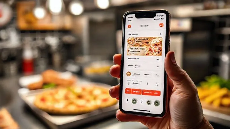 photorealistic, professional photography, 8K, cinematic lighting, sharp focus, depth of field, shot on a high-end DSLR, a sleek, modern smartphone displaying a user-friendly food delivery app interface with a pizza order, a blurred background of a bustling kitchen, vibrant colors.