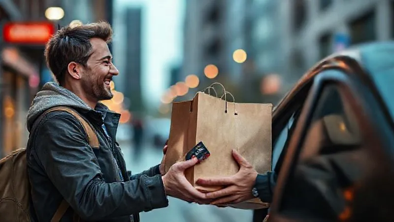 photorealistic, professional photography, 8K, cinematic lighting, sharp focus, depth of field, shot on a high-end DSLR, a happy customer receiving a delivery bag from a friendly delivery driver, both smiling, a loyalty card visible in the customer's hand, urban background.