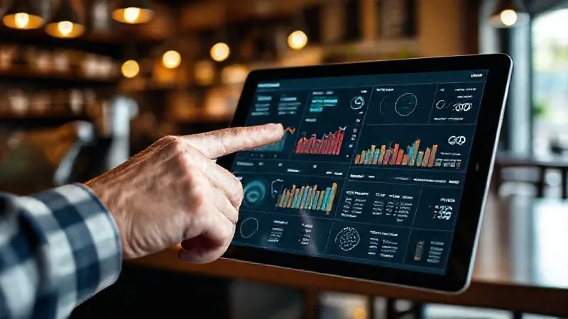 photorealistic, professional photography, 8K, cinematic lighting, sharp focus, depth of field, shot on a high-end DSLR, a hand pointing at a complex data dashboard on a tablet screen, displaying various delivery metrics like order volume, customer acquisition cost, and lifetime value, with a blurred coffee shop background.