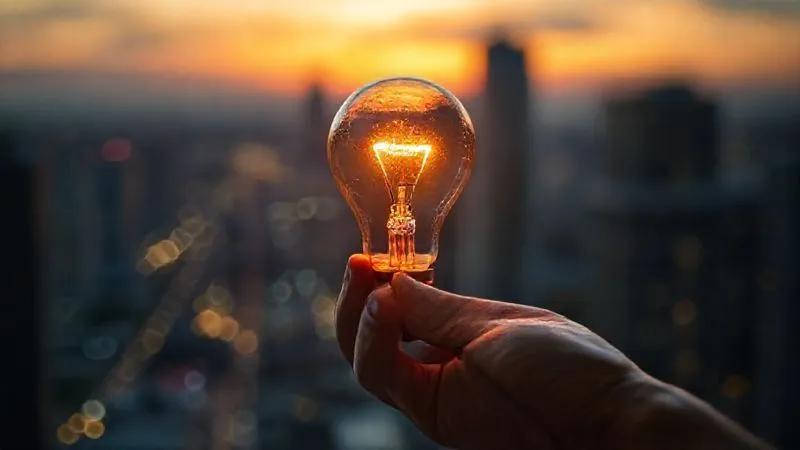photorealistic, professional photography, 8K, cinematic lighting, sharp focus, depth of field, shot on a high-end DSLR, a close-up of a hand holding a glowing lightbulb, metaphorically representing an idea or solution, with a blurred cityscape at sunset in the background, symbolizing potential and growth.