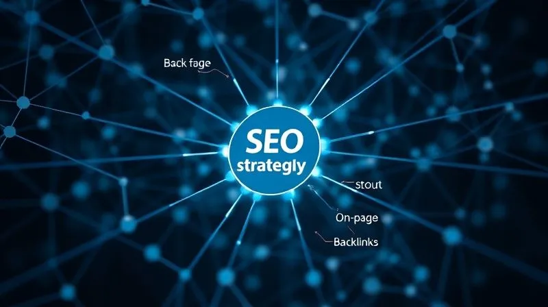 A photorealistic image of a complex web of interconnected nodes, symbolizing SEO strategy. A central node is brightly lit, representing "purchase intent keywords," with arrows pointing to smaller nodes for "on-page optimization" and "backlinks." Cinematic lighting, sharp focus, 8K, depth of field, professional photography, shot on a high-end DSLR.