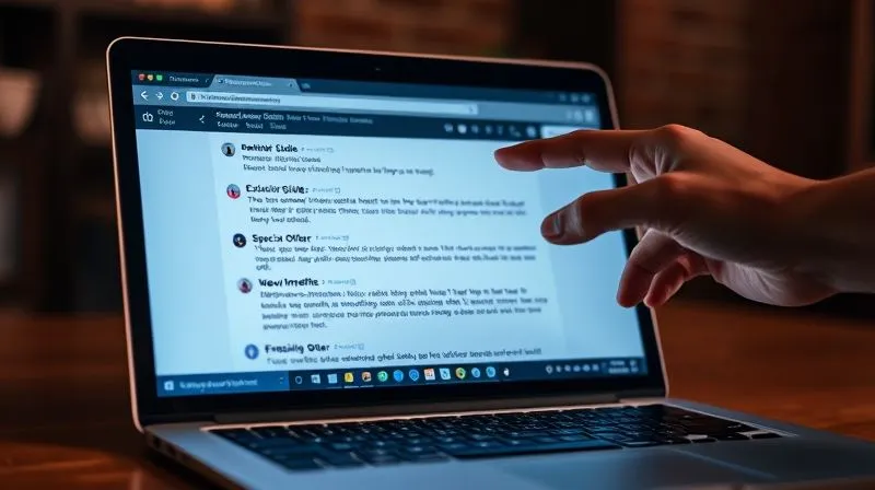 A photorealistic image of an open laptop screen displaying an email inbox with several unread emails, each labeled with a benefit like "Exclusive Guide," "New Insights," "Special Offer." A hand is reaching out to click on one of the emails, cinematic lighting, sharp focus, 8K, depth of field, professional photography, shot on a high-end DSLR.