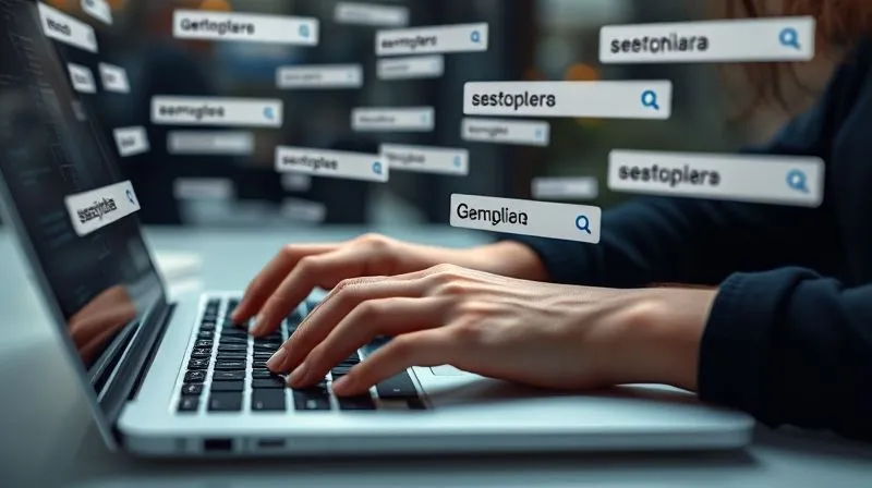 A photorealistic image of a person meticulously typing on a laptop, surrounded by floating keyword bubbles and search result snippets, with a focused expression, cinematic lighting, sharp focus, depth of field, 8K hyper-detailed, professional photography, shot on a high-end DSLR.