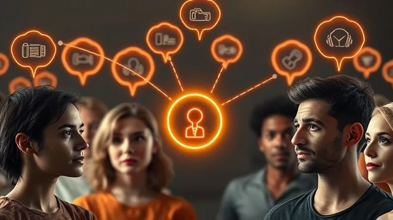 A photorealistic image of a diverse group of people, each with a thought bubble above their head representing different interests and demographics, connected by glowing lines to a central digital ad campaign icon, symbolizing precise targeting, cinematic lighting, sharp focus, depth of field, 8K hyper-detailed, professional photography, shot on a high-end DSLR.