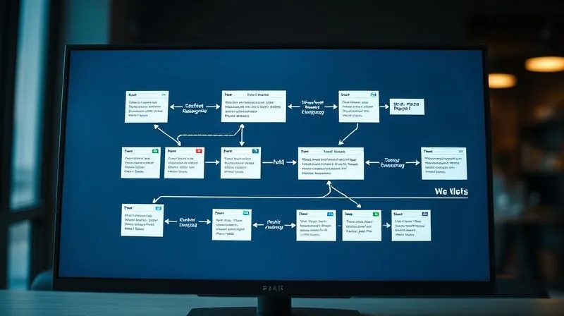 A photorealistic image of a complex email marketing automation workflow diagram, with arrows connecting different email templates and user actions, displayed on a sleek monitor, cinematic lighting, sharp focus on the workflow, depth of field blurring the background, 8K hyper-detailed, professional photography, shot on a high-end DSLR.