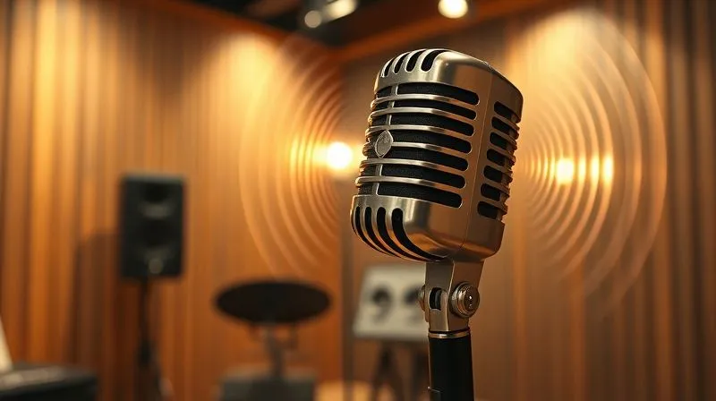 A photorealistic image of a vintage microphone in a modern, acoustically treated studio, with glowing soundwaves emanating from it, representing high-quality audio content. Cinematic lighting, sharp focus, depth of field, 8K hyper-detailed.