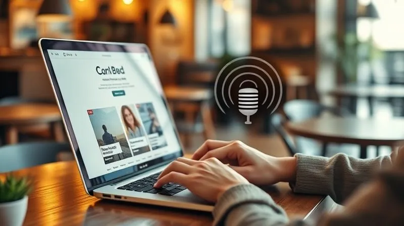 A photorealistic, professional photography, 8K, cinematic lighting, sharp focus, depth of field, shot on a high-end DSLR, of a person typing on a laptop with a blog interface visible, and a subtle radio antenna icon integrated into the screen, symbolizing content marketing for online radio. The setting is a cozy, modern cafe.
