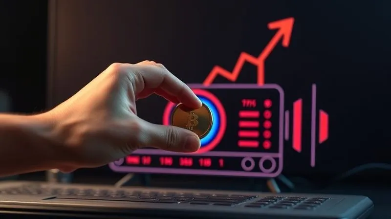 A photorealistic image of a hand placing a coin into a stylized digital radio icon, with subtle growth arrows in the background, representing sustainable monetization and reinvestment in an online radio station. Cinematic lighting, sharp focus, depth of field, 8K hyper-detailed.