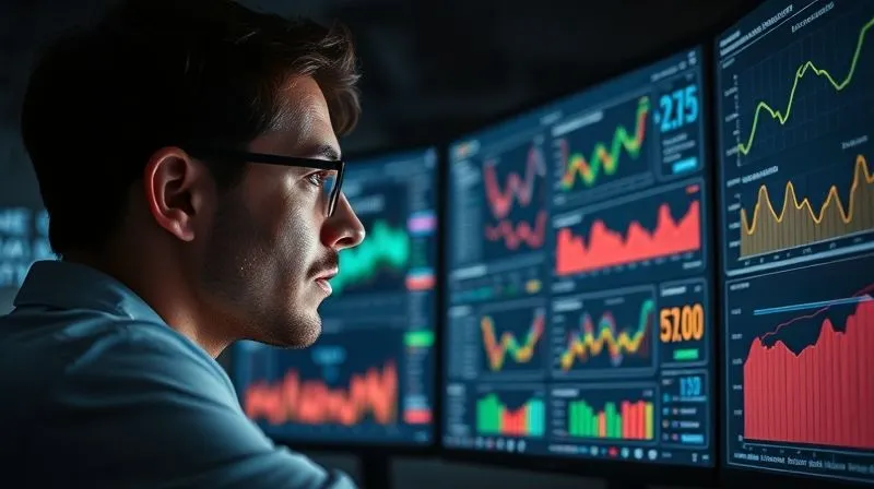 A photorealistic image of a data scientist intently analyzing a complex dashboard filled with graphs and charts, showing A/B test results and conversion funnels on multiple monitors. The room is dimly lit, with the glow of the screens illuminating their focused face. Professional photography, 8K, cinematic lighting, sharp focus on the data and the scientist, depth of field, shot on a high-end DSLR, conveying deep analytical thought.