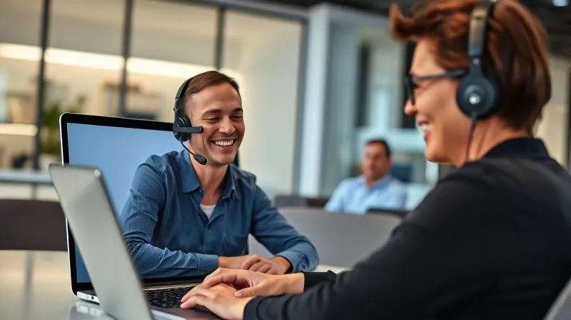 A photorealistic image of a friendly customer service representative smiling while wearing a headset, engaging in a video call on a laptop. On the laptop screen, a customer is visible, looking relieved and satisfied. The background is a modern, clean office environment. Professional photography, 8K, cinematic lighting, sharp focus on the representative and screen, depth of field, shot on a high-end DSLR, conveying empathy and effective communication.