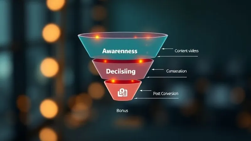 A photorealistic image of a clear, glowing digital marketing funnel, with distinct stages labeled 'Awareness', 'Consideration', 'Decision', and 'Post-Conversion'. Each stage shows a different type of content icon (blog, video, e-book, bonus). Cinematic lighting, sharp focus on the funnel stages, depth of field blurring the background, 8K hyper-detailed, professional photography, shot on a high-end DSLR.