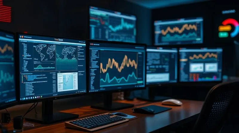 A photorealistic image of a data analyst's desk, with multiple screens displaying complex dashboards, charts, and A/B test results. One screen shows two variations of a landing page side-by-side. Cinematic lighting, sharp focus on the data visualizations, depth of field blurring the background, 8K hyper-detailed, professional photography, shot on a high-end DSLR.