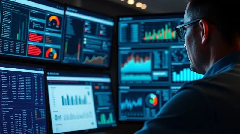A photorealistic image of a person meticulously analyzing data on multiple screens, showing keyword research tools and competitor analysis charts, cinematic lighting, sharp focus on the screens, depth of field, 8K hyper-detailed, professional photography, shot on a high-end DSLR.