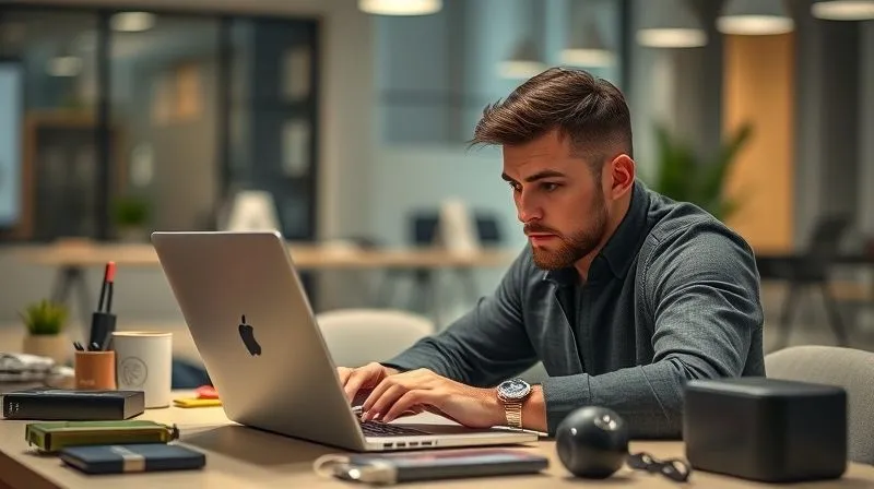 A photorealistic image of a person writing a compelling product review on a laptop, surrounded by various tech gadgets, with a focused and determined expression. The background is a modern, clean office space, cinematic lighting, sharp focus on the person and laptop, depth of field, 8K hyper-detailed, professional photography, shot on a high-end DSLR.