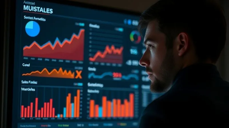 A photorealistic image of a person looking at a dashboard with various graphs and charts showing website analytics, sales funnels, and conversion rates, with a determined expression, cinematic lighting, sharp focus on the dashboard, depth of field, 8K hyper-detailed, professional photography, shot on a high-end DSLR.
