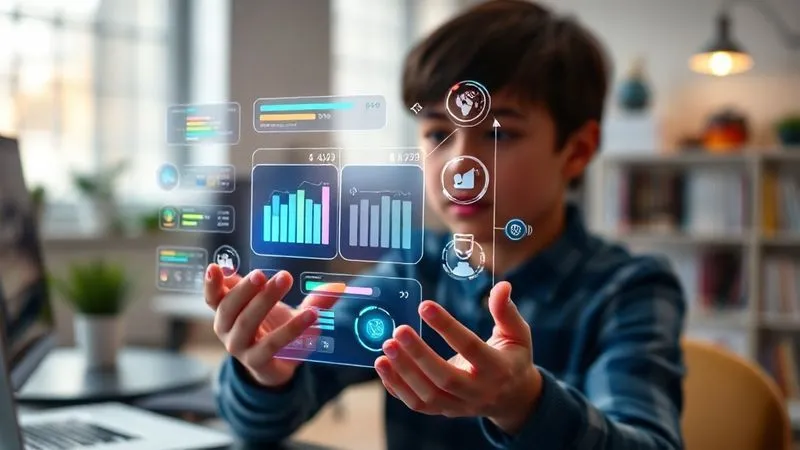 A photorealistic, professional photography, 8K, cinematic lighting, sharp focus, depth of field, shot on a high-end DSLR, showing a student's hands interacting with a glowing, holographic interface that displays gamified learning elements like progress bars, badges, and a leaderboard, all integrated seamlessly with educational content. The background is a softly blurred modern study space, indicating focused engagement and fun. The image should convey a sense of achievement and playful learning.