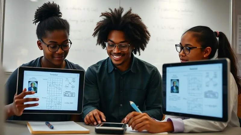 A photorealistic, professional photography, 8K, cinematic lighting, sharp focus, depth of field, shot on a high-end DSLR, depicting three diverse students in separate virtual windows, actively collaborating on a shared digital whiteboard. Their screens show diagrams, notes, and equations, with glowing lines connecting their contributions. The atmosphere is one of focused teamwork and shared discovery, with a sense of synergy despite the distance.