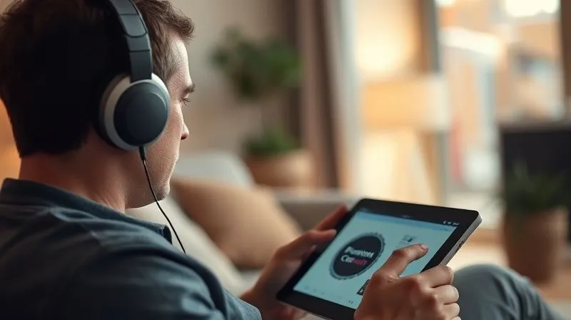 A photorealistic image of a person wearing high-quality headphones, deeply engrossed in listening to a podcast on a tablet, with a 'Premium Content' badge subtly visible on the screen. The setting is a cozy, modern living room with soft, cinematic lighting, sharp focus on the listener and tablet, depth of field blurring the background, 8K hyper-detailed, shot on a high-end DSLR. The mood is one of focused enjoyment and exclusive access.