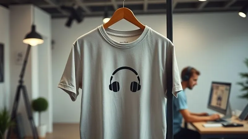 A photorealistic image of a stylish t-shirt with a minimalist radio station logo, hanging on a display rack in a well-lit, modern studio environment. In the background, a person is casually listening to headphones while working on a computer. Cinematic lighting, sharp focus on the t-shirt, depth of field blurring the background, 8K hyper-detailed, shot on a high-end DSLR. The mood is one of brand pride and integrated commerce.