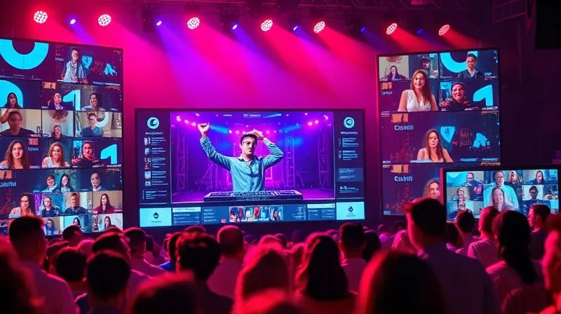 A photorealistic image of a vibrant virtual concert taking place on multiple screens, showing a diverse audience interacting in a live chat, with a DJ performing in the center screen. The atmosphere is energetic and interactive, with cinematic lighting highlighting the digital interfaces, sharp focus on the screens, depth of field blurring the background, 8K hyper-detailed, shot on a high-end DSLR. The mood is one of community, entertainment, and digital innovation.