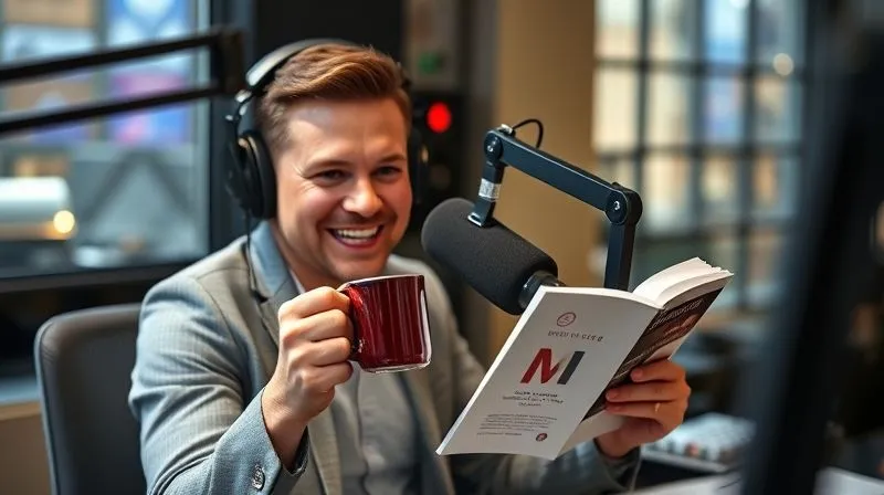 A photorealistic image of a radio host holding a product (e.g., a stylish coffee mug or a book) from a sponsoring brand, subtly integrated into a lively on-air discussion in a modern radio studio. The host is smiling, engaging with the microphone. Cinematic lighting, sharp focus on the host and product, depth of field blurring the background studio equipment, 8K hyper-detailed, shot on a high-end DSLR. The mood is one of natural integration and professional endorsement.