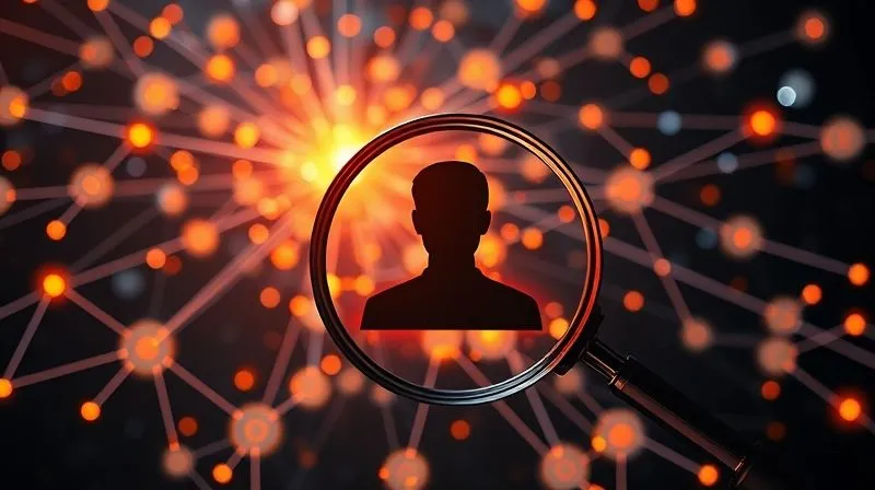 A photorealistic image depicting a complex network of data points and user profiles, interconnected by glowing lines, symbolizing AI-driven lead segmentation. In the foreground, a magnifying glass highlights a specific, highly relevant user profile. Cinematic lighting, sharp focus, depth of field. 8K hyper-detailed, professional photography.