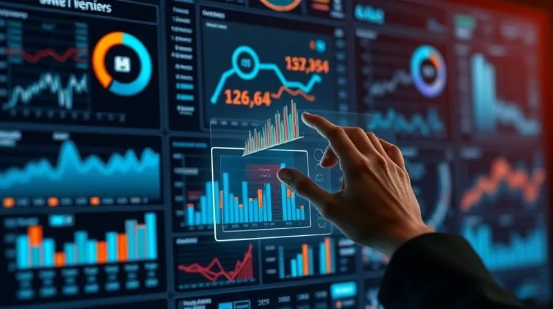 A photorealistic image of a complex data visualization dashboard, with various charts and graphs showing sales funnels, conversion rates, and user engagement metrics. A futuristic hand hovers over a holographic interface, making adjustments. Cinematic lighting, sharp focus on the data, depth of field blurring the background. 8K hyper-detailed, professional photography.