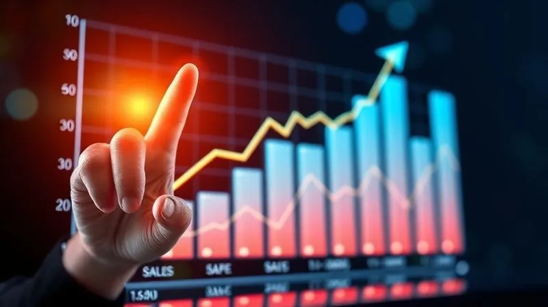 A photorealistic image of a vibrant, holographic bar chart showing a significant increase in sales and conversion rates, with a glowing line graph illustrating positive ROI. A digital hand points to the rising trend. Cinematic lighting, sharp focus on the data, depth of field blurring the background. 8K hyper-detailed, professional photography.