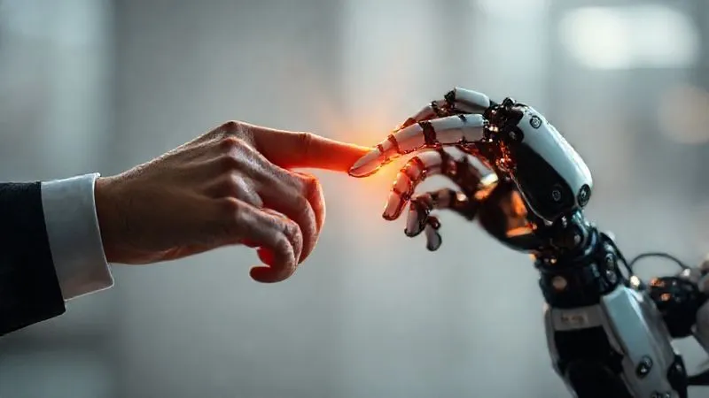 A photorealistic, professional photography, 8K image showing a human hand and a robotic hand gently touching fingertips, symbolizing synergy and collaboration, with soft, warm light surrounding the connection, cinematic lighting, sharp focus on the hands, depth of field blurring a futuristic, clean background, shot on a high-end DSLR.